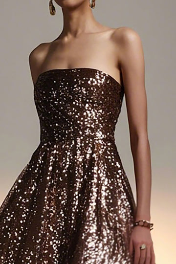 Brown Strapless Sequined A-Line Maxi Gala Dress